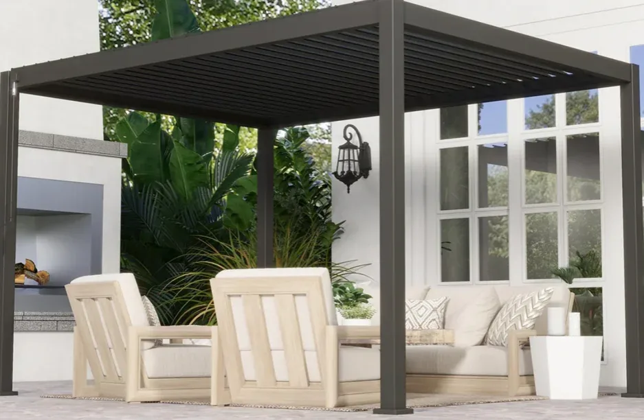 Aluminum pergola over a composite deck at a home in the Omaha metro