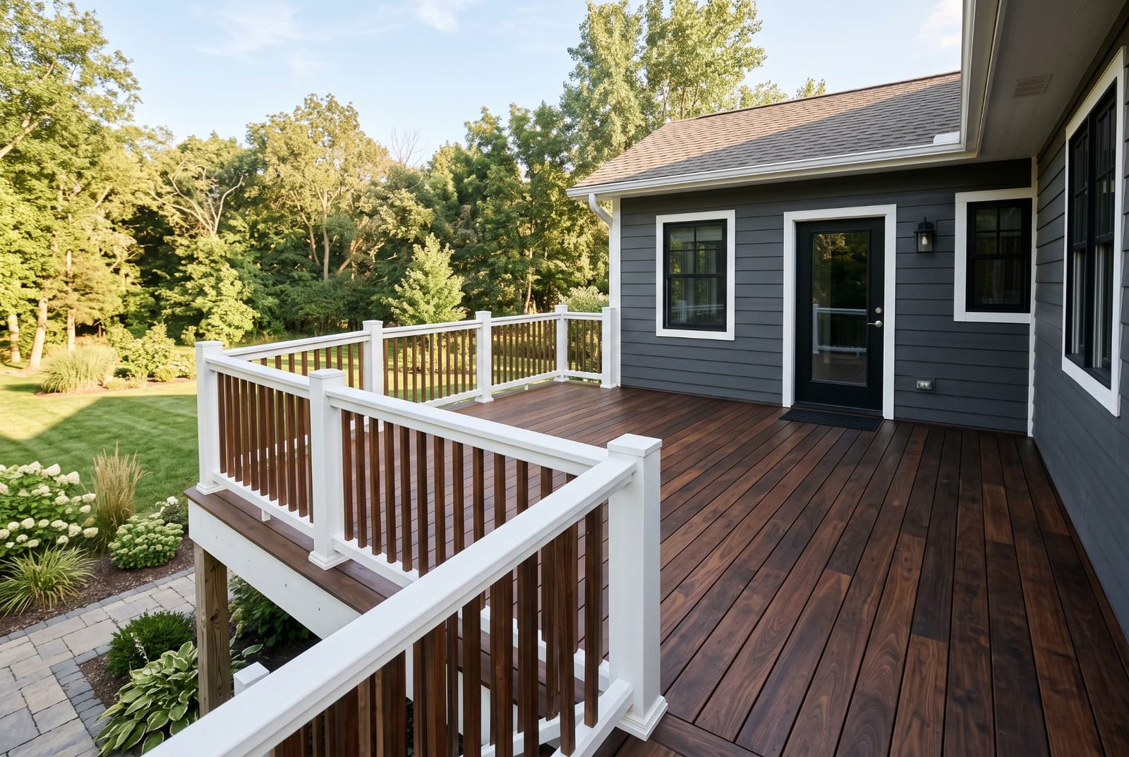 Finished wood deck with white railing beside a gray home
