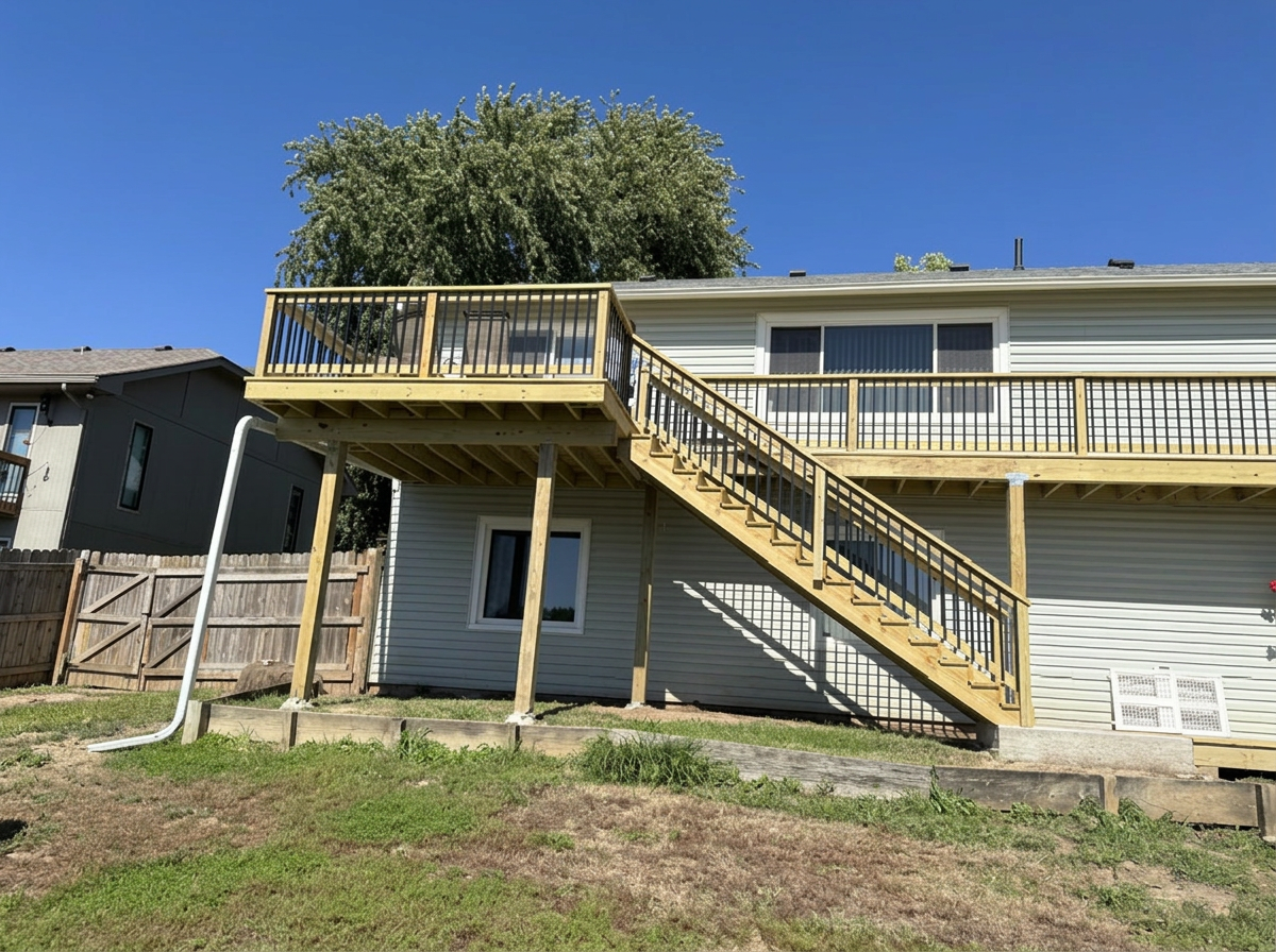 Composite deck with black aluminum railing and wide stairs off a rear sliding door in Omaha