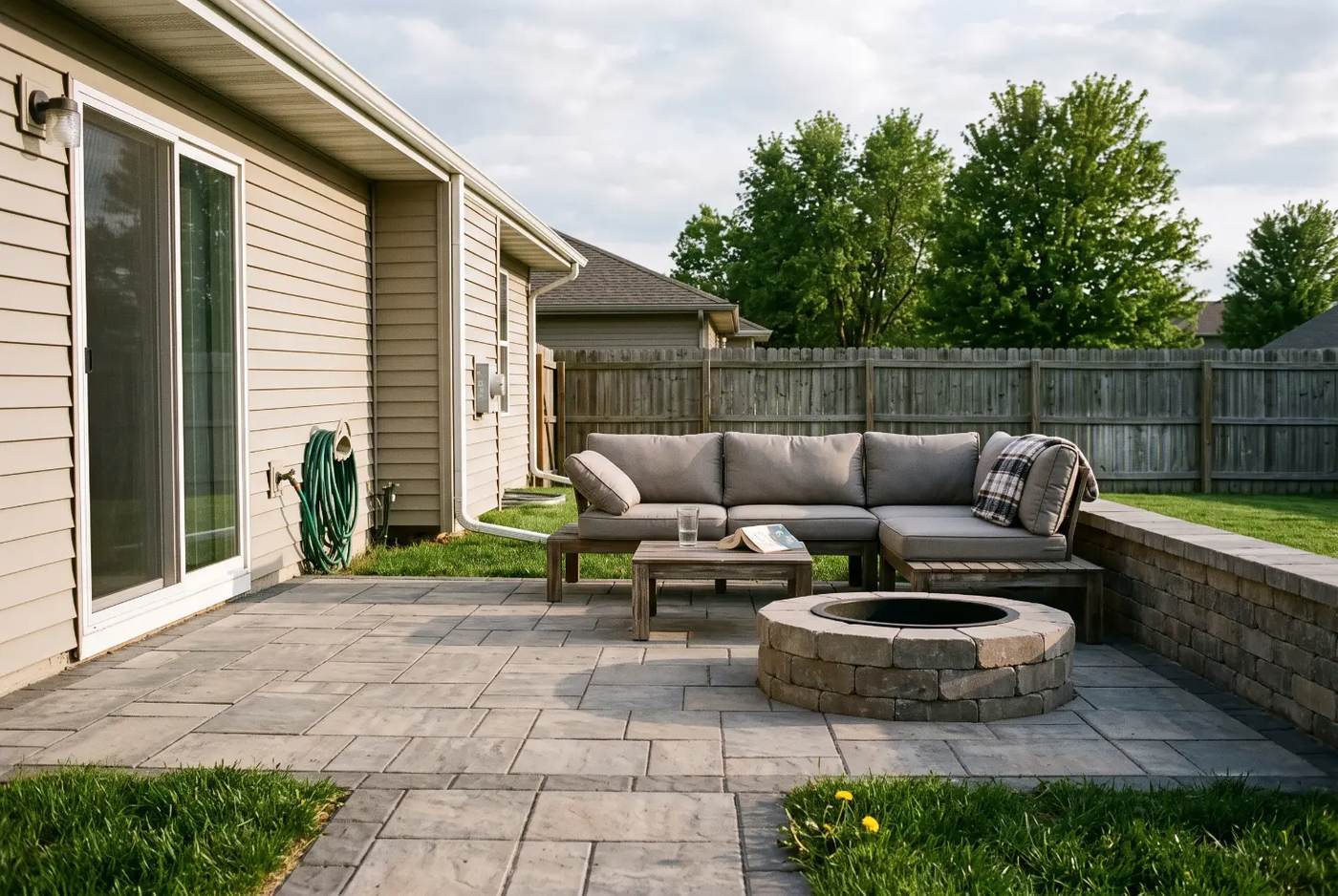 Ground level paver patio with outdoor seating behind a home in La Vista